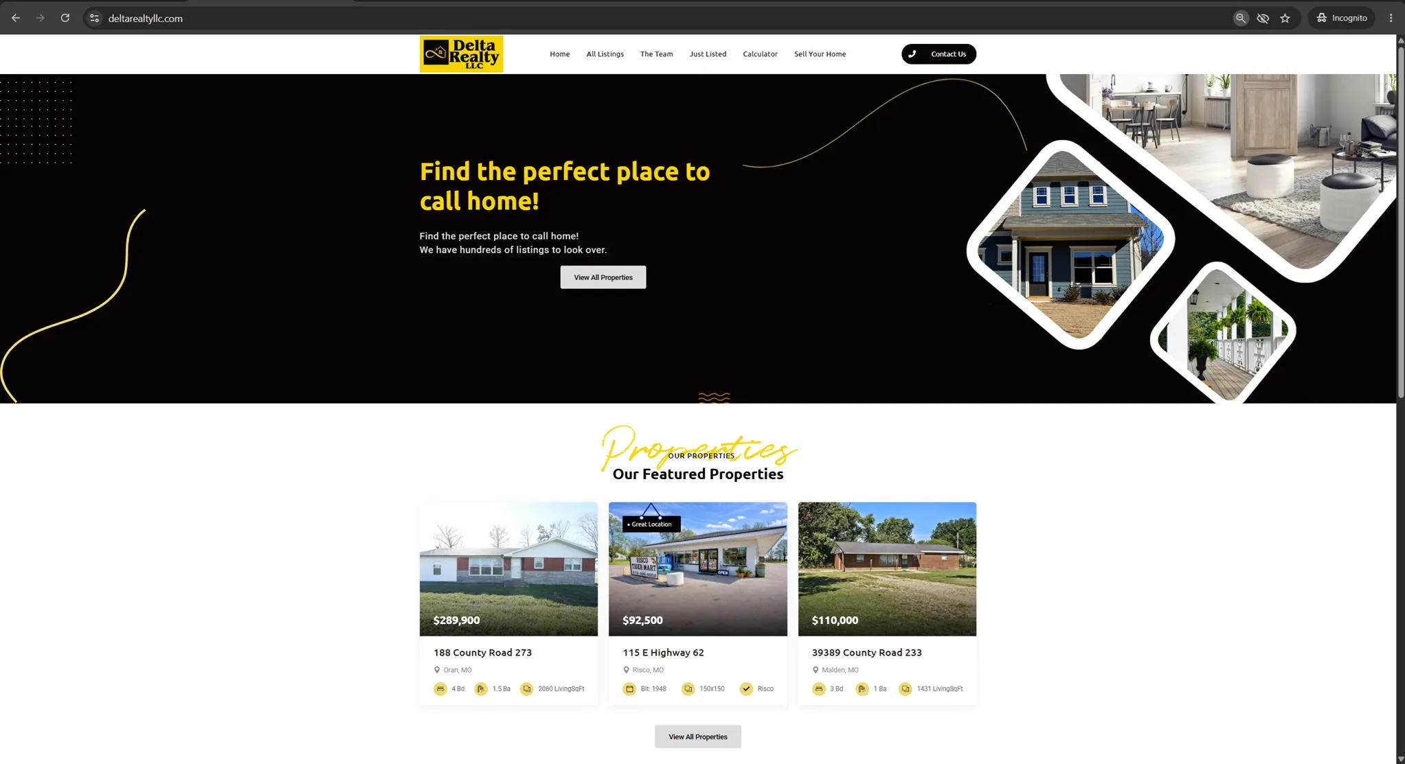 The previous Delta Realty homepage, with a dark hero banner, a "Find the perfect place to call home" headline, and three featured property cards below.