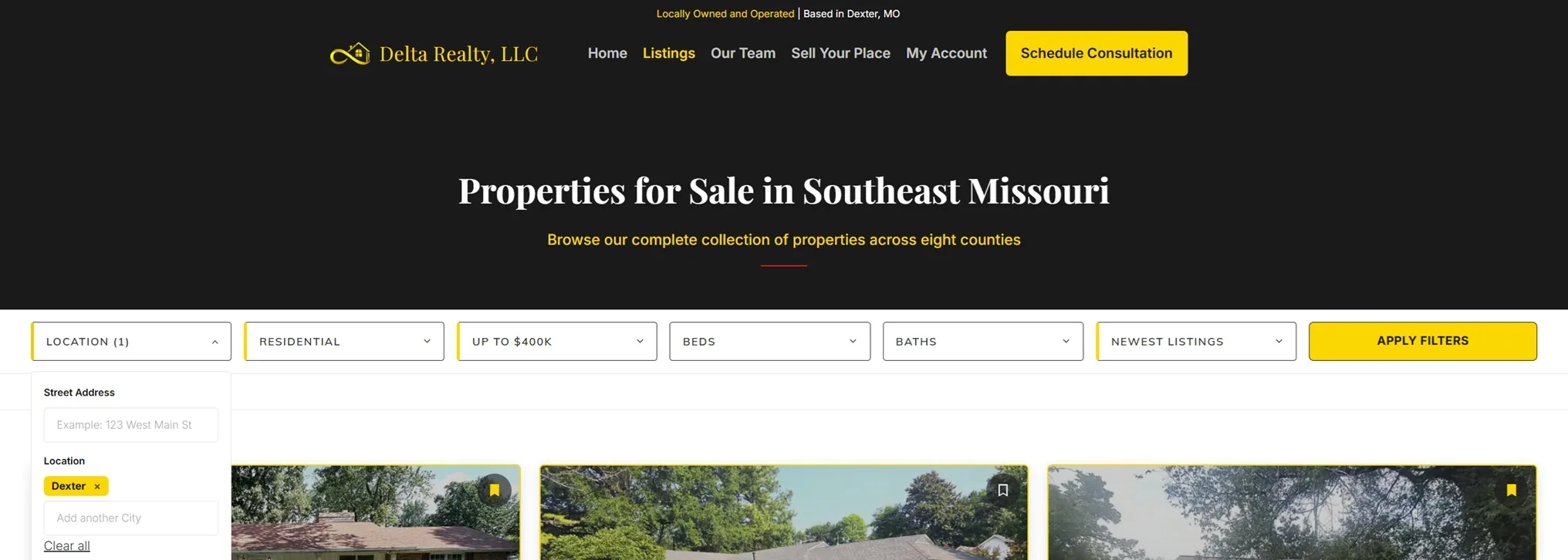 Delta Realty's property search: their gold-and-black branding applied to the IDX filter bar, the open location dropdown, and the gold Dexter location pill.