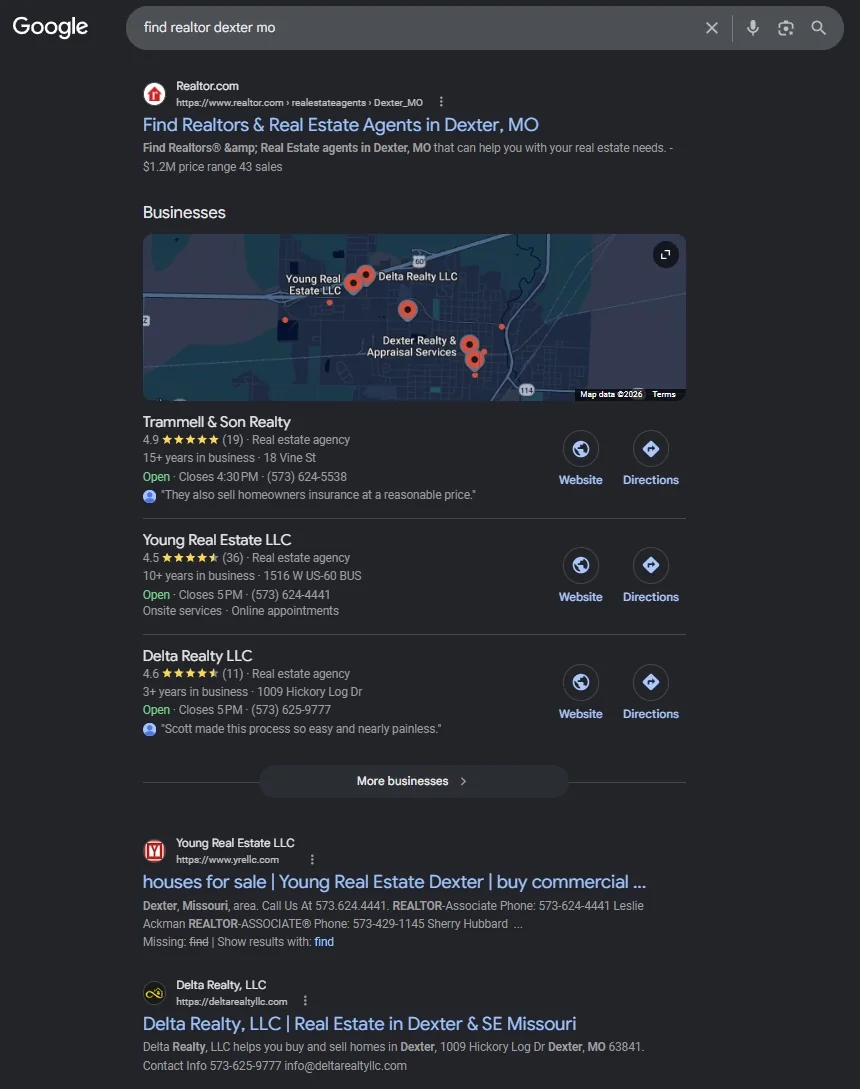 Google results for “find realtor dexter mo”, searched from Dexter, Missouri — Realtor.com at the top, Google's local pack listing Delta Realty LLC among the Dexter agencies, and Delta's organic website result below, all on page one.