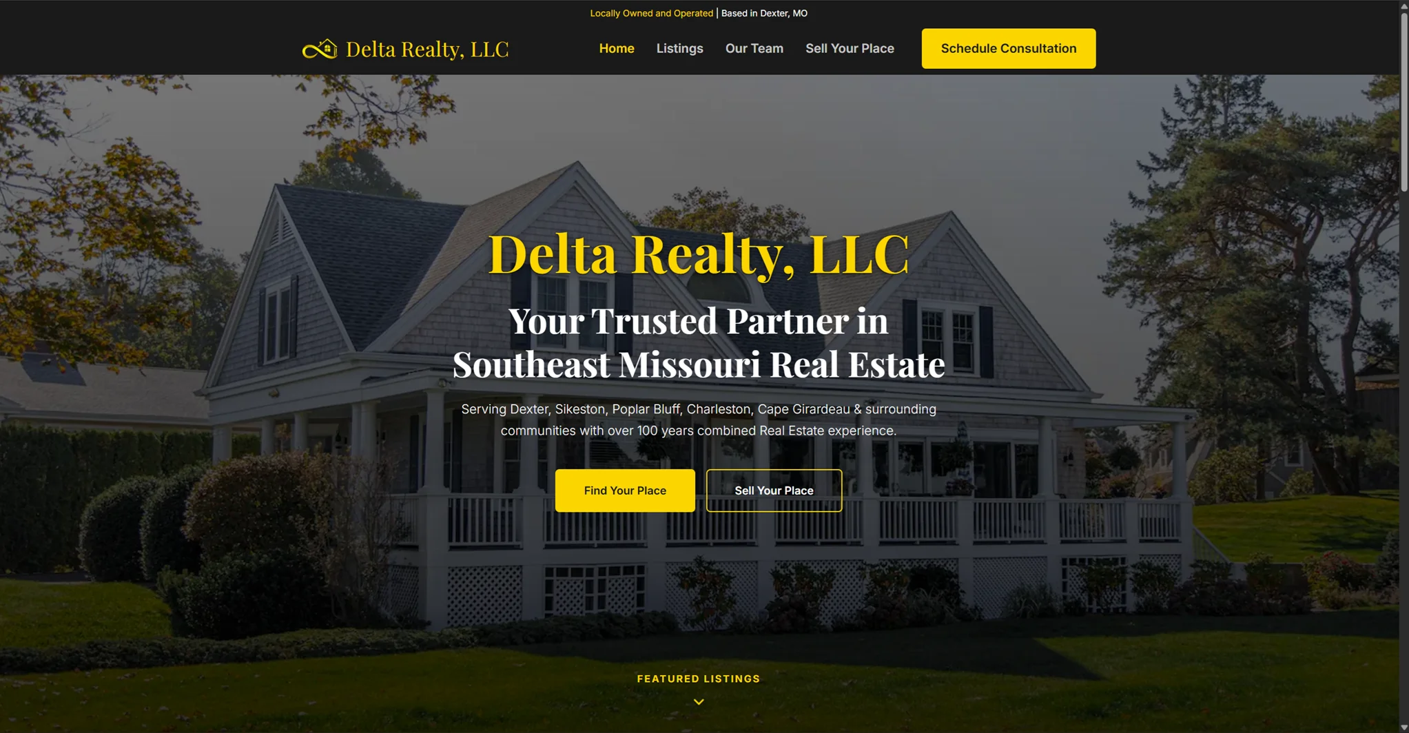The EngineFlow-built Delta Realty homepage, headlined “Your Trusted Partner in Southeast Missouri Real Estate”