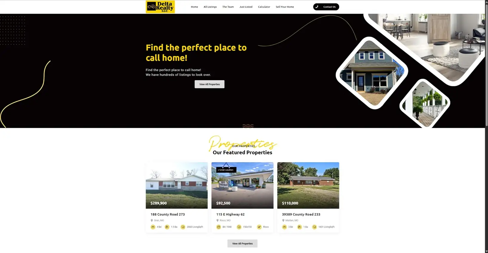 Delta Realty's previous website — a generic template homepage headlined “Find the perfect place to call home!”