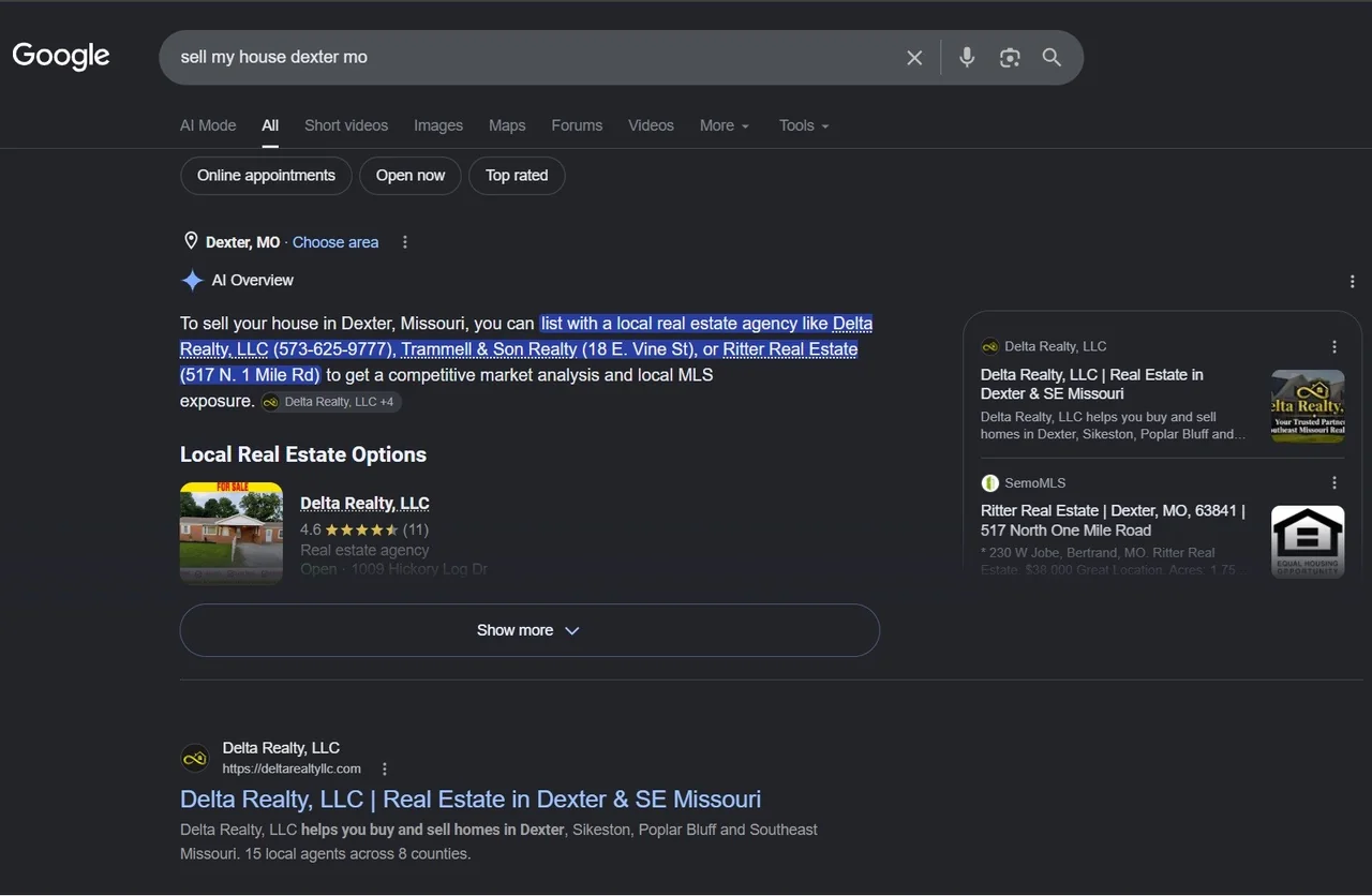 Google results for “sell my house dexter mo”, searched from Dexter, Missouri — Delta Realty is named first in Google's AI Overview, listed first under Local Real Estate Options, and is the first organic result.