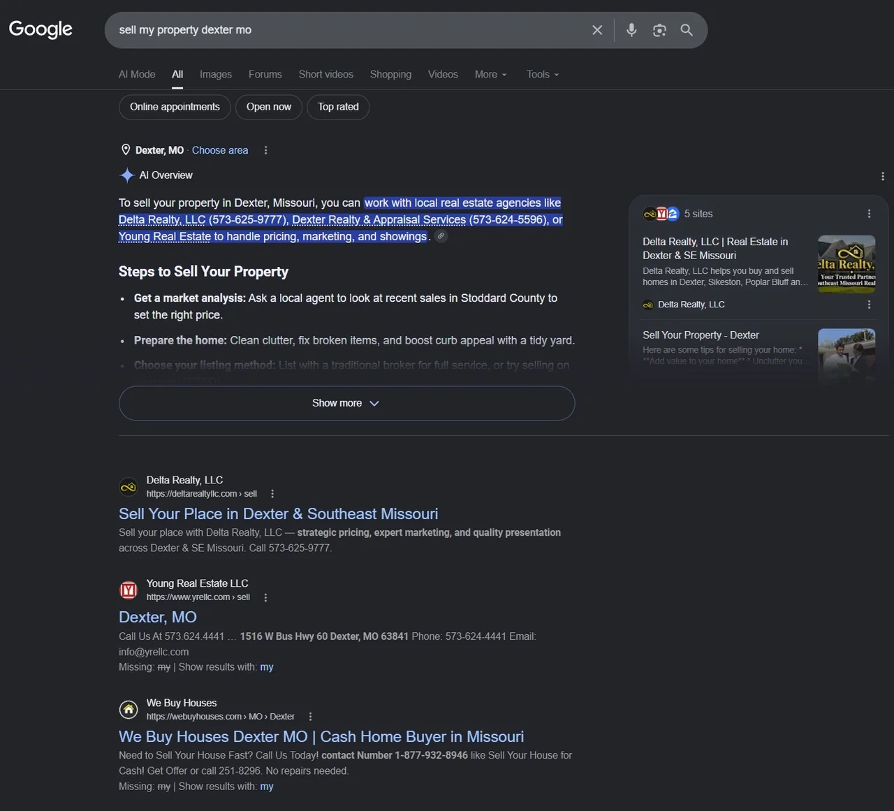 Google results for “sell my property dexter mo”, searched from Dexter, Missouri — Delta Realty is named first in Google's AI Overview and is the first organic result, ranking above Young Real Estate and other local competitors.
